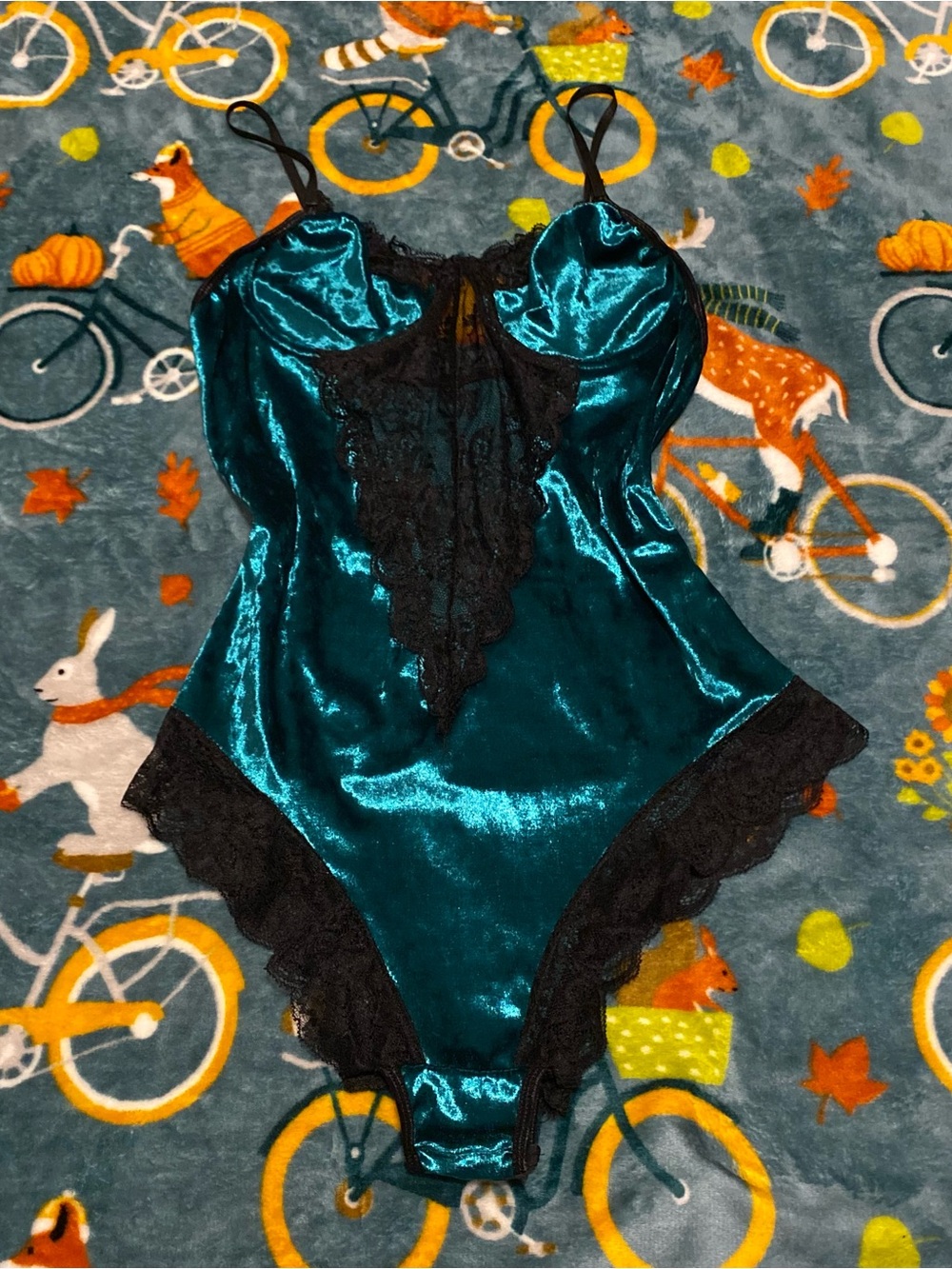 Teal & Black Velvet Bodysuit Teddy One Piece Lace Trim Strappy Check Measurement
